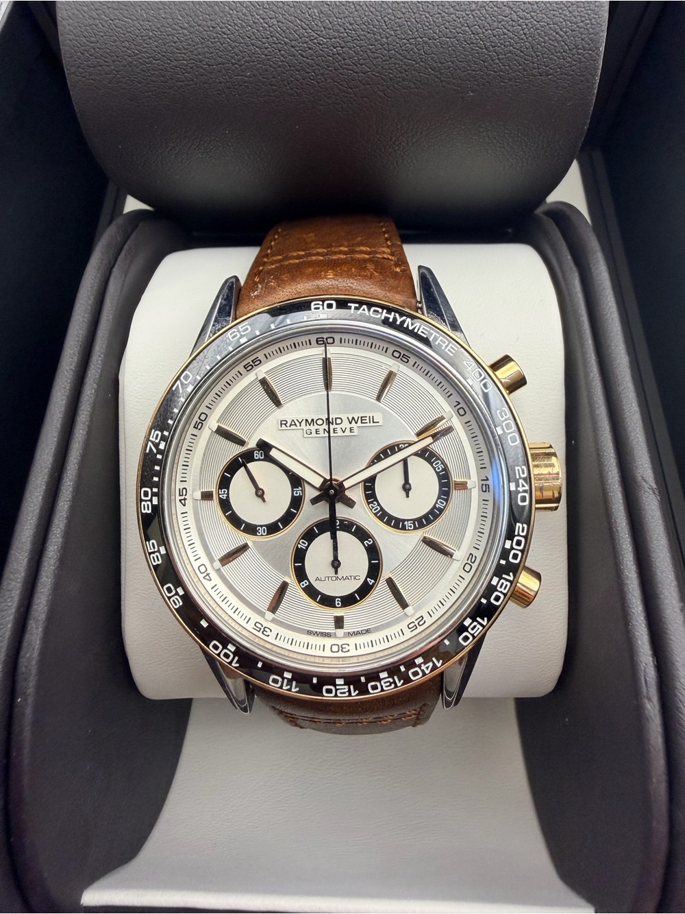 Raymond Weil Silver Dial Chronograph with Gold Accents and Brown Leather Strap